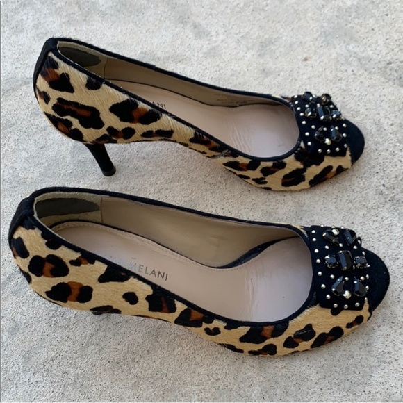 ANTONIO MELANI Pony Hair Leopard Print Peep Toe High Heels Women's Size 8.5 - Picture 3 of 8